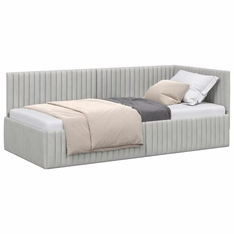 Estructura de cama en esquina vidaXL tapizada en terciopelo gris con chaise longue y somier de láminas de madera, An/P/Al: 90 x 190 x 72 cm