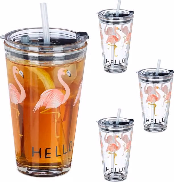 Set de 4 vasos de vidrio con tapa y pajita de relaxdays, diseño de flamenco, color transparente y rosa, capacidad de 450 ml, aptos para lavavajillas