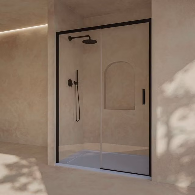 Mampara de ducha corredera SoulBath rectangular de vidrio de seguridad de 6 mm con tratamiento easy clean, color negro, An/P/Al: 98,5 a 103 x 36 x 195 cm