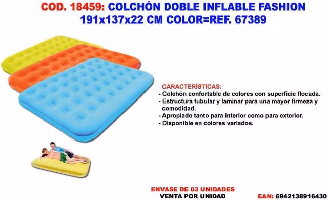 Colchón Doble Inflable Fashion de Fplus en Multicolor, An/P/Al: 191 x 137 x 22 cm