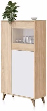 Vitrina de salón Lira de Duehome en blanco mate y roble canadian con puertas de cristal, An/P/Al: 77 x 33 x 142 cm
