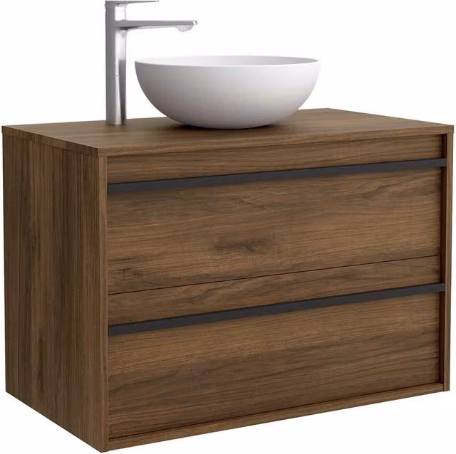 Mueble de baño suspendido Salgar Attila con 2 cajones y encimera en acabado lacado moderno disponible en negro o marrón
