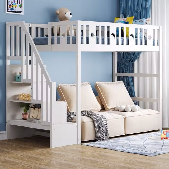 Cama alta individual MODENVIE para niños en madera de pino y MDF blanca con escalera, estantes laterales y barandilla, An/P/Al: 90 x 120 x 253 cm