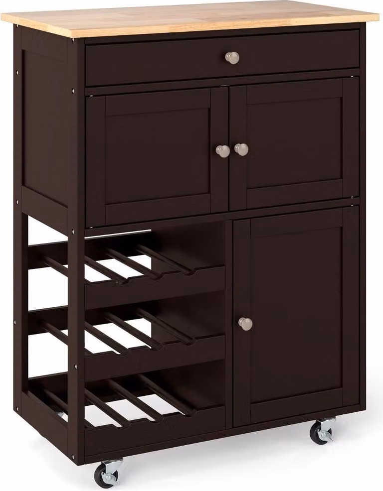 Carrito de cocina Northix de madera de pino con estante para vinos de 3 niveles, cajón y ruedas, color marrón