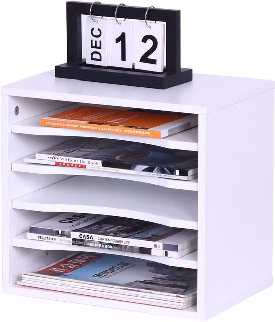 Organizador de documentos Relaxdays con 5 compartimentos para A4, color blanco, An/P/Al: 33 x 35,5 x 25 cm
