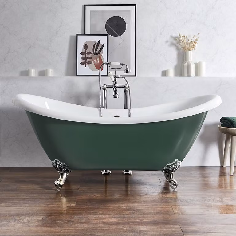 Bañera exenta tradicional Legend de Hudson Reed con doble respaldo, color verde y patas cromadas, An/P/Al: 175 x 73 x 77 cm