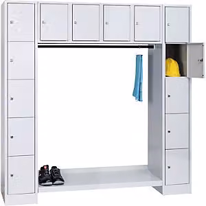 Guardarropa modular Dresden de Certeo con 14 compartimentos, puertas batientes y estantes internos, acabado lacado en gris y blanco, An/P/Al: 185 x 180 x 185 cm