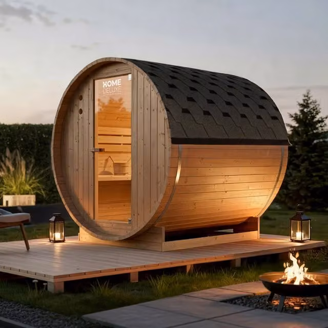 Sauna de barril exterior Home Deluxe LAHTI L de madera color marrón para 4 personas An/P/Al: 195 x 180 x 180 cm