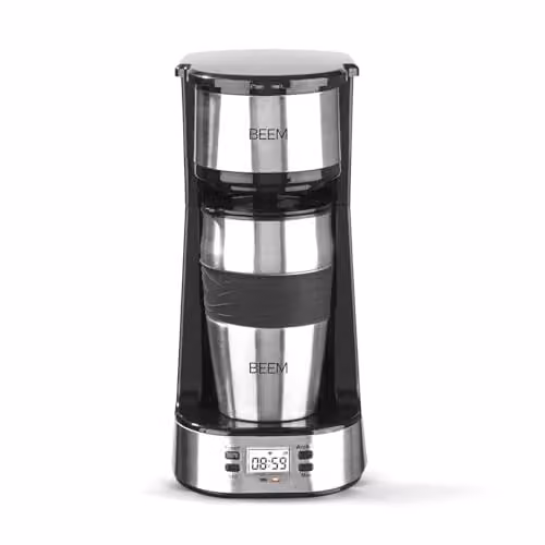 Cafetera de filtro individual Beem Thermo 2 Go con taza térmica de 0,4 l, temporizador de 24 horas y acabado en negro y plata de acero inoxidable, 750 W
