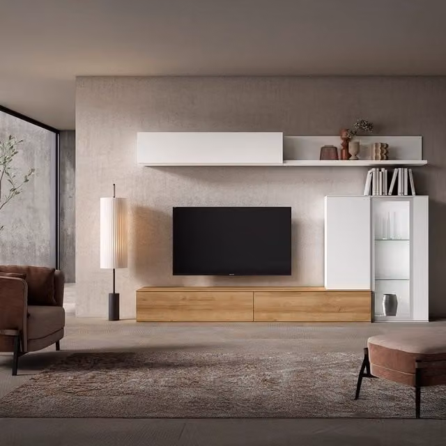 Mueble de salón modular Evolution 2.0 de El Corte Inglés con estantería, puertas de vidrio y acabado blanco mate