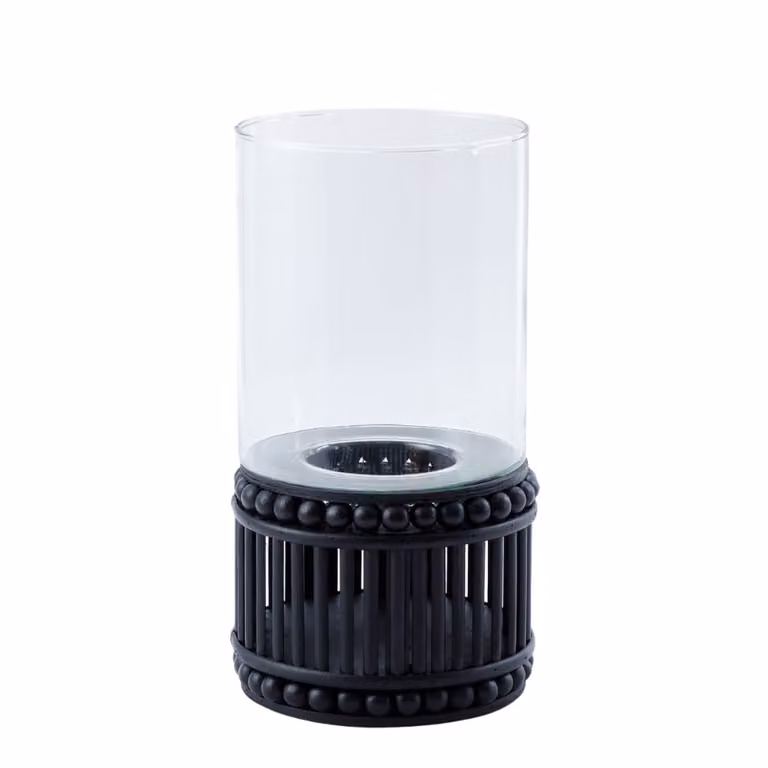 Portavelas de mesa moderno Sia Deco en color negro y transparente con base de madera y cristal para vela de pilar, redondo