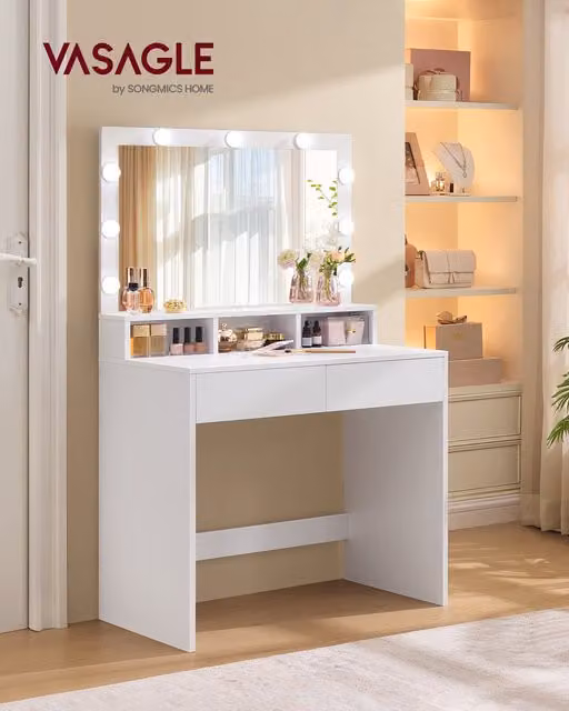 Tocador moderno VASAGLE blanco con espejo LED estilo Hollywood y almacenamiento inteligente para dormitorio
