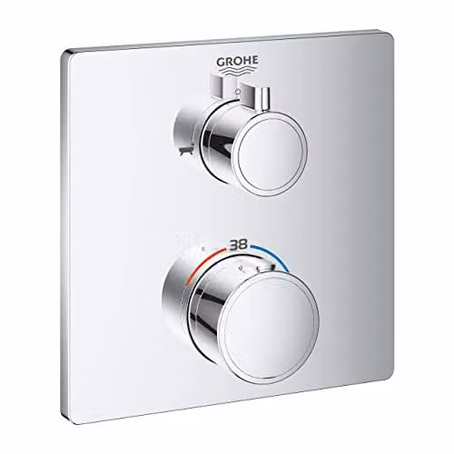 Grifo de ducha con termostato Grohe Grohtherm en color cromo con seguridad de temperatura y acabado plateado