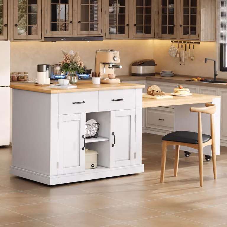Isla de cocina STILVORA con mesa extensible, enchufes y puertos USB, An/P/Al: 132 x 70 x 90 cm, color blanco y roble