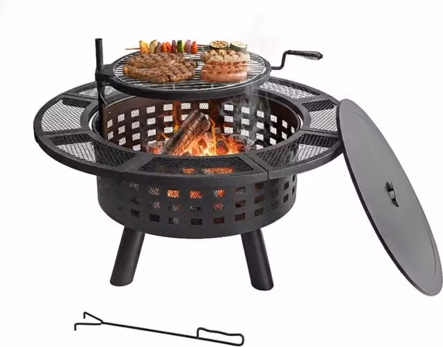 Brasero de jardín Relaxdays en acero negro con parrilla regulable, tapa y atizador, Ø 91,5 cm