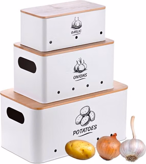 Set de 3 cajas metálicas blancas con tapa de relaxdays para patatas, cebollas y ajos, apilables, An/P/Al: 33 x 19 x 15 cm, 25 x 15 x 13 cm y 22 x 11 x 9 cm