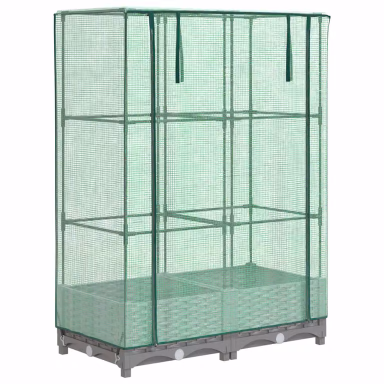 Arriate elevado Syfax con cubierta de invernadero aspecto ratán en gris y verde, An/P/Al: 80 x 40 x 123 cm