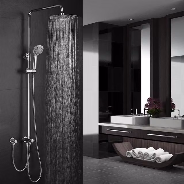 Columna de ducha extralarga Kibath con rociador efecto lluvia y alcachofa de masaje, acabado cromo brillante, fabricada en latón, altura regulable de 100 a 150 cm