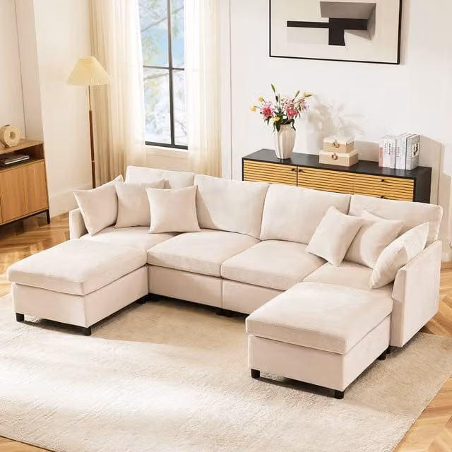 Sofá Modular Convertible KELLANY en Tela Chenille Beige con 2 Otomanas y 6 Cojines, Diseño Reversible en Forma de U o L con Función de Cama para tu Salón