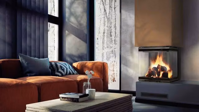 Inserto para chimenea de leña Azura Home Design Nolwenn con 3 lados acristalados, puerta de guillotina y 10 kW en color negro