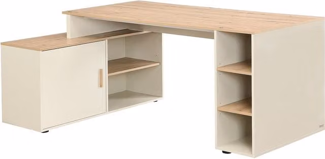 Escritorio de esquina moderno Romiara en MDF color beige y negro, An/P/Al: 134 x 120 x 76 cm