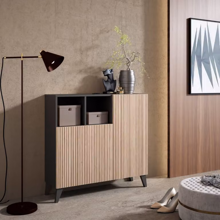 Zapatero HERDASA modelo Moss en melamina color grafito y beige con puertas de efecto listones y cierre suave An/P/Al: 87 x 27 x 90 cm