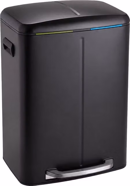 Cubo de basura de cocina con pedal Relaxdays en acero inoxidable y color negro, con 2 compartimentos de 20 l, cubetas extraíbles y cierre suave, An/P/Al: 60 x 45 x 42 cm