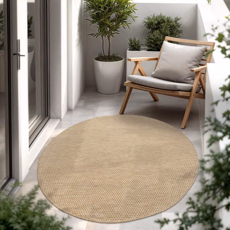 Alfombra Paco Home de tejido plano y diseño moderno para interior y exterior, redonda, color beige, Diámetro: 160 cm