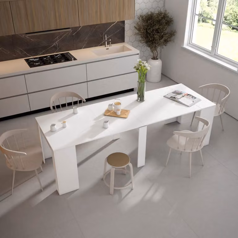 Mesa consola extensible Skraut Home blanca con efecto madera para comedor y cocina, An/P/Al: 262 x 90 x 77 cm
