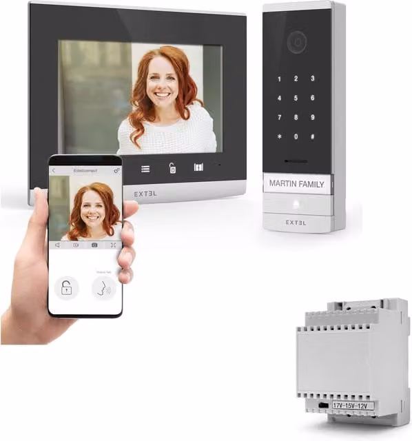 Kit de videoportero Extel Code Connect con código digital integrado y transformador para carril DIN