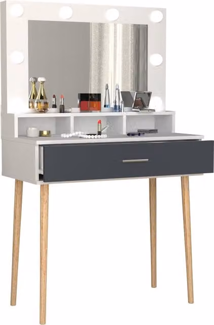 Mesa de maquillaje VCM estilo escandinavo en blanco y antracita, An: 80 cm, Pr: 40 cm, Al: 133 cm