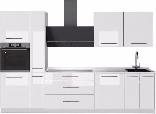 Mueble de cocina Vicco Fame-Line en blanco alto brillo con puertas de cierre suave y cajones, An/P/Al: 310 x 60 x 85 cm