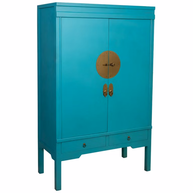 Armario Wanderlust deco de madera con 2 puertas y 2 cajones internos, colores azul, turquesa y dorado, An/P/Al: 100 x 45 x 160 cm