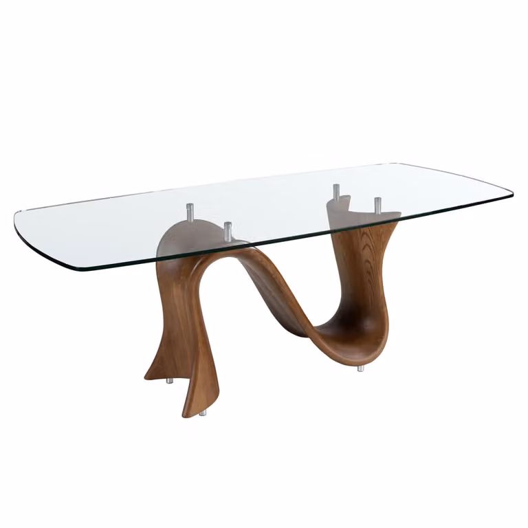 Mesa de comedor ovalada Angel Cerdá con cristal templado transparente y acabado en nogal marrón