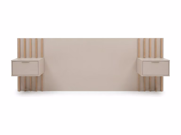 Cabecero con mesitas integradas y puerto de carga USB CORANY en beige y marrón, Ancho: 260 cm