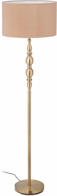 Lámpara de pie estilo vintage relaxdays con pantalla de tela beige y detalles dorados, compatible con bombilla E27, Altura: 156 cm, Diámetro de pantalla: 43 cm
