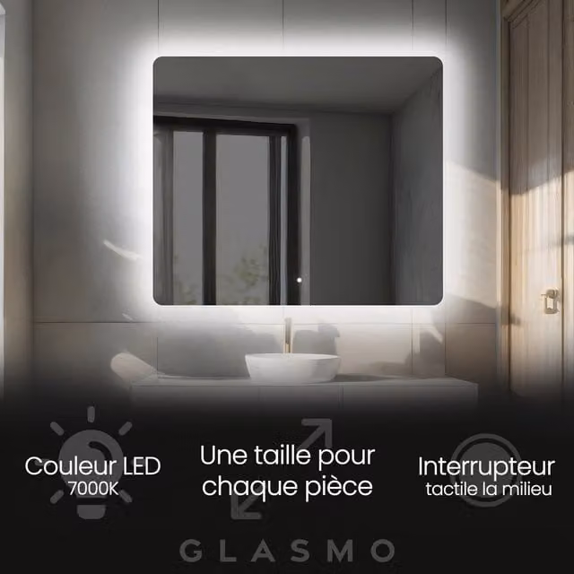 Espejo LED de baño rectangular con bordes redondeados Artforma, blanco, con interruptor táctil y luz blanca fría 7000K, An: 100 cm, Al: 90 cm