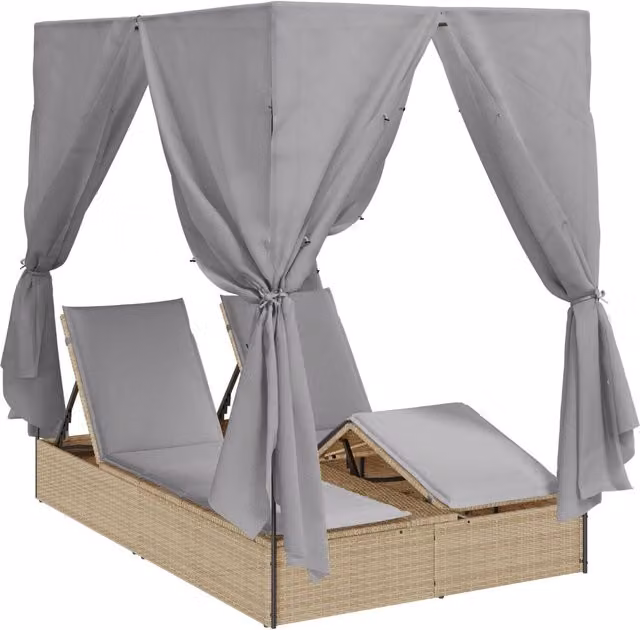 Juego de 2 tumbonas dobles vidaXL en poliratán beige y gris con sombrilla y reposacabezas ajustable para jardín o terraza