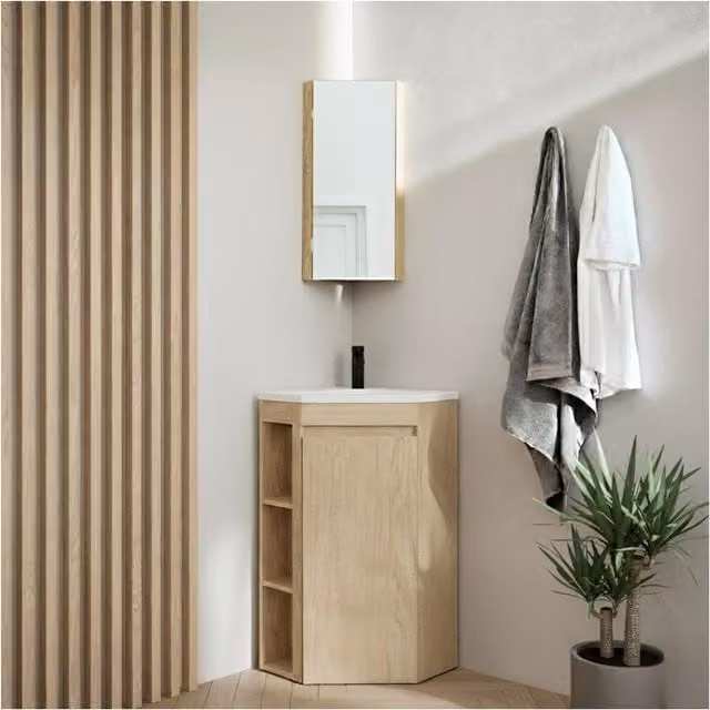 Mueble de lavabo esquinero Sorrento de Mob-In con espejo y patas en acabado roble mate