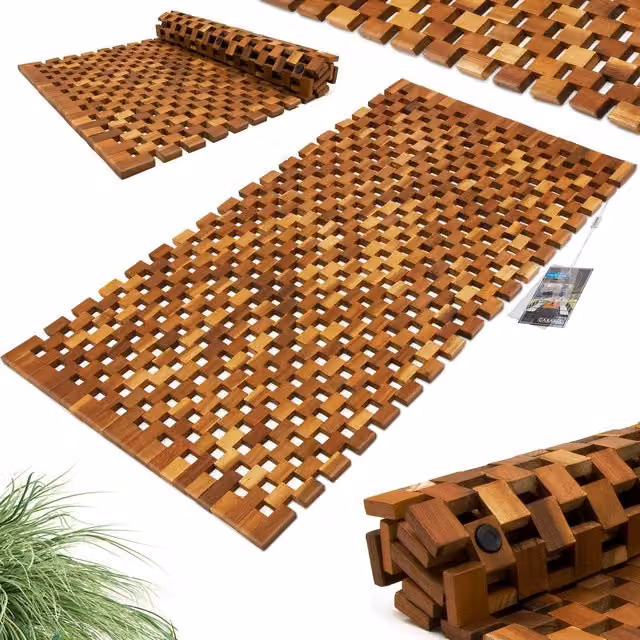 Alfombrilla de baño rectangular de madera Casaria® color marrón y dorado con base antideslizante An/P: 80 x 50 cm