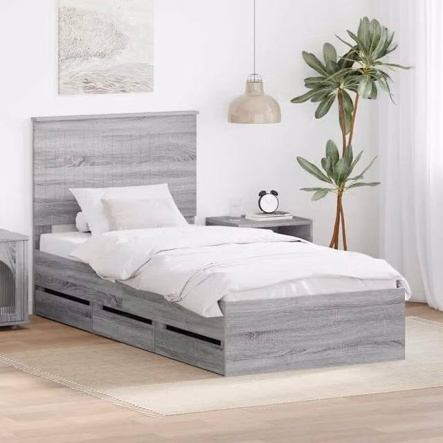 Estructura de cama Maison Exclusive en color gris sonoma con cajones y madera de MDF, An/P/Al: 90 x 200 x 100 cm