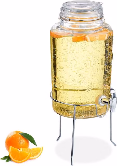 Dispensador de bebidas de vidrio Relaxdays de 5 l con soporte y tapa, transparente y plata