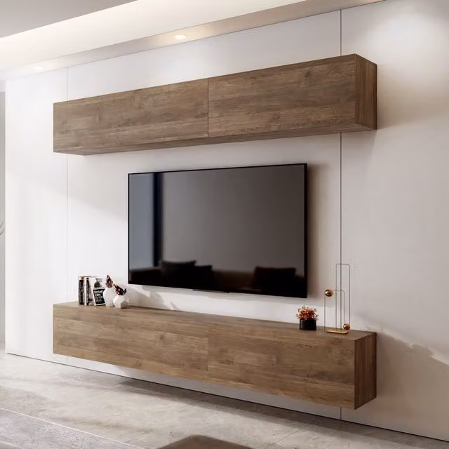 Mueble de sala modular Suisio DMORA en madera color nogal marrón con estantes y puertas batientes