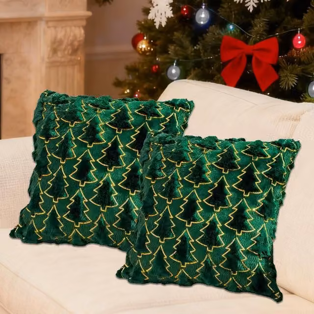 Fundas de cojín navideñas Neptune de terciopelo y lana en blanco y verde, forma cuadrada, 45 x 45 cm