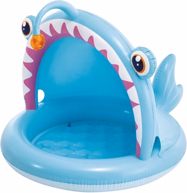 Intex piscina infantil hinchable Angler Fish con parasol y suelo acolchado, multicolor y azul, An/P/Al: 127 x 127 x 45 cm