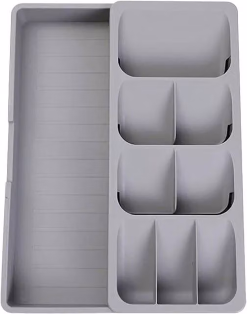 Organizador de cubiertos XISRENS gris con compartimentos y separadores extensibles para cocina o baño