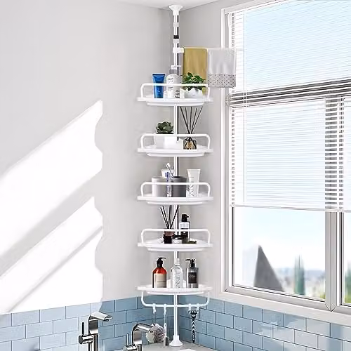 Estantería de baño MOYKSRR blanca con barra telescópica ajustable, incluye 5 cestas, toallero y 4 ganchos, sin taladro