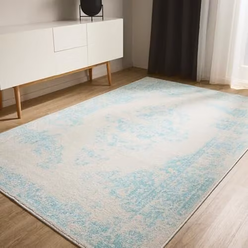 Alfombra Benuta Basic para salón, comedor o dormitorio, diseño vintage abstracto en crema y turquesa, An x P: 200 x 300 cm