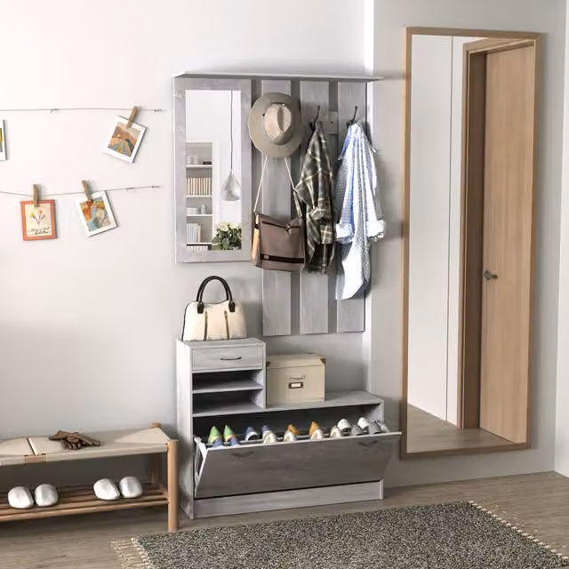 Conjunto de mueble de recibidor 3 en 1 PZCC con panel perchero de 6 ganchos, espejo y banco para zapatos con estante ajustable, diseño moderno en efecto hormigón gris mate