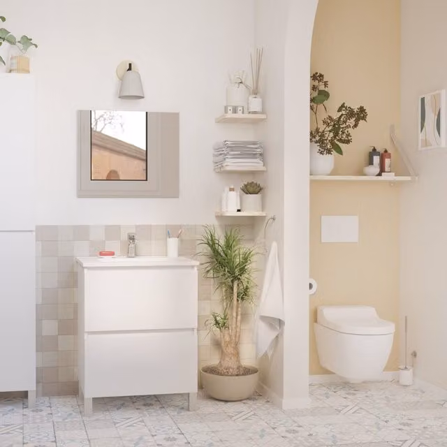 Mueble de baño Ondee con lavabo y espejo en color blanco y lila, diseño moderno con 2 cajones y cierre suave, An/P/Al: 60 x 45 x 50 cm